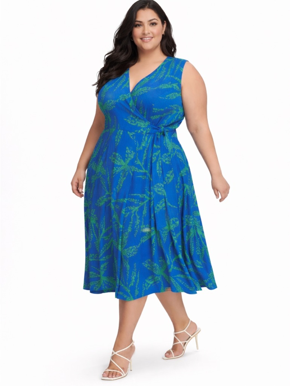 DKNY NWT Size 18W Blue and Green Sleeveless Patterned Midi Dress